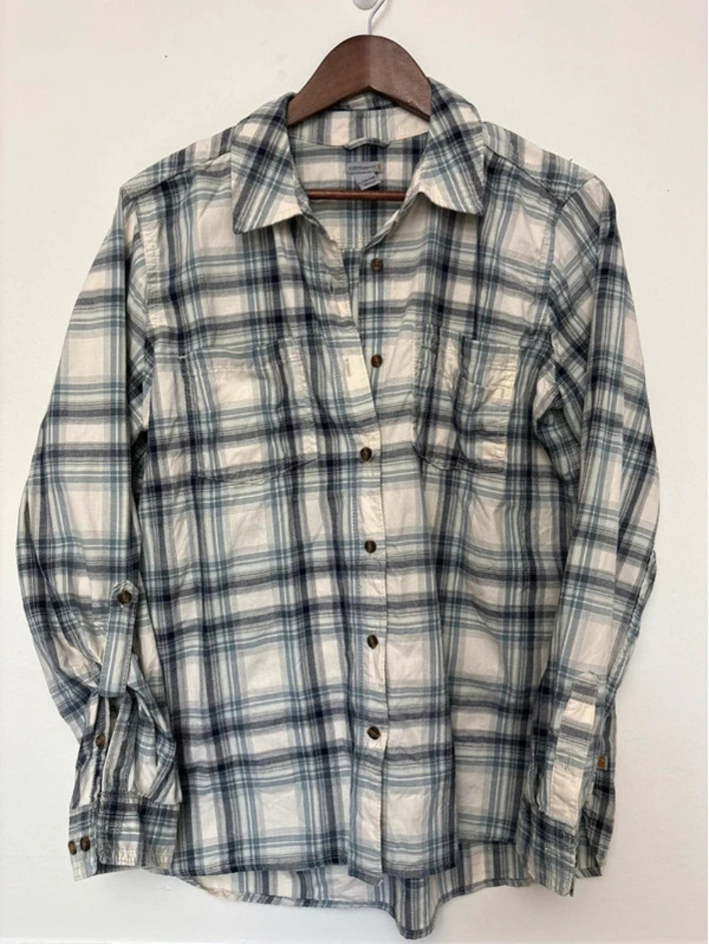 Carhartt Women’s Large Blue Plaid Lightweight Button Down Work Shirt